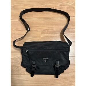 Prada Black Nylon Messenger Bag Crossbody Vela Buckle Flap Logo Vintage Large